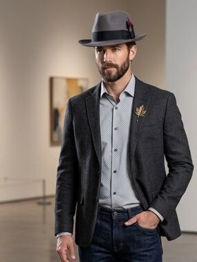 Scala Gray Felt Fedora with Black Band and Feather Accent